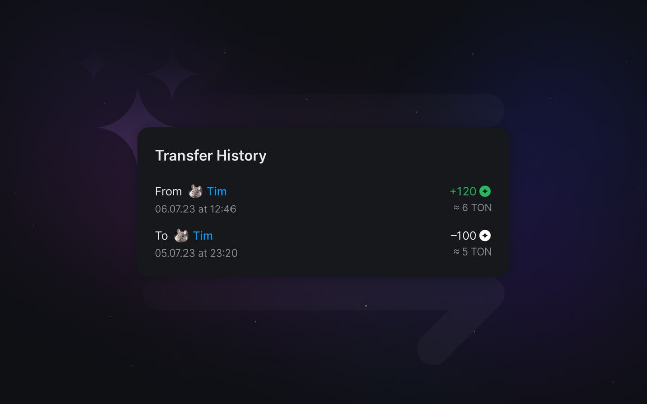 Transfer Glint Coin to other users on TON Diamonds platform instantly without fees.